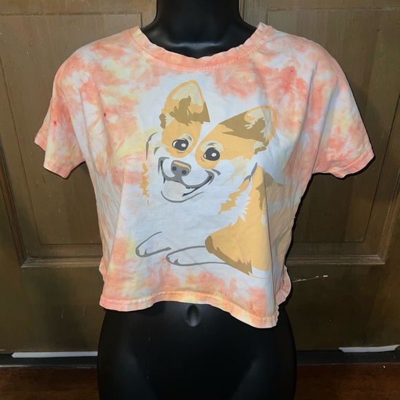 The Crop Stop Tops - The Crop Stop Corgi White, Yellow Orange Tie Dye Crop Short Sleeve Top Size XS/S